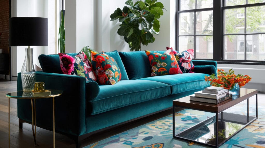 Woontrends 2026: Een eigentijdse woonkamer met een prachtige blauwe bank, versierd met kleurrijke kussens, aangevuld met een stijlvolle glazen tafel en weelderig groen.