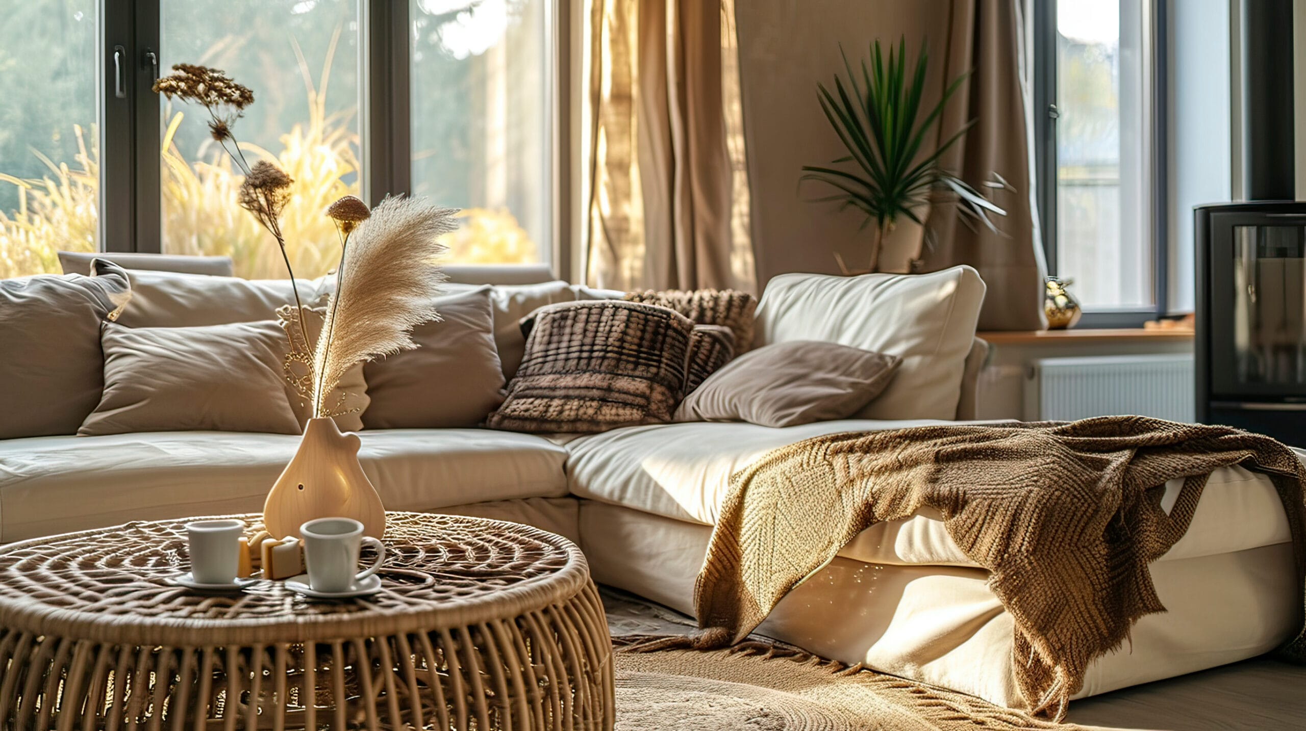 Warm interieur met ronde bank, natuurlijke materialen en aardetinten passend bij woontrends 2026.
